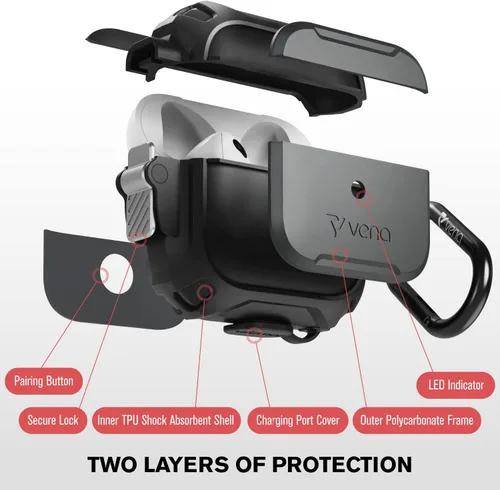 Vista 2 de VENA vArmor - Funda resistente compatible con Apple Airpods 3 2021, mecanismo de bloqueo seguro, resistente a prueba de golpes, con mosquetón