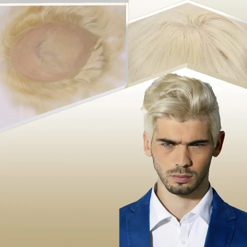 Vista 14 de Sistema de reemplazo de cabello humano para hombre, tupé para hombre, piel fina con parte superior de encaje mono y la parte trasera de poliuretano