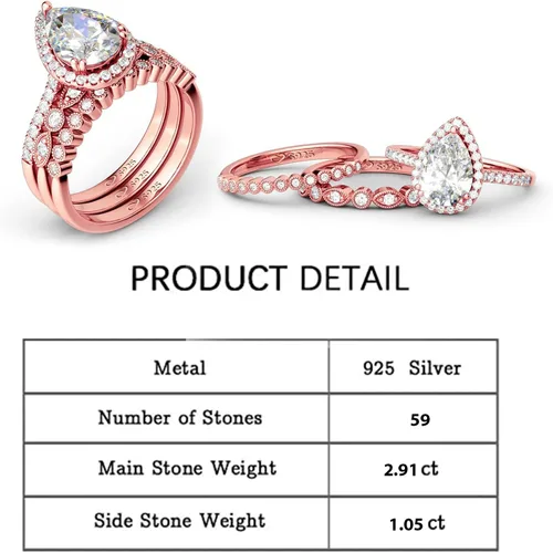 Vista 2 de Jeulia Juego de anillos de boda en forma de pera 3 piezas de plata de ley con corte de pera de halo de diamantes de oro rosa, anillo de boda