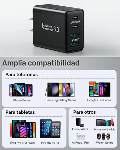 Vista 7 de Bloque de carga USB C, cargador de pared USB C de 40 W, adaptador de corriente PD de doble puerto, enchufe de pared QC USB C, bloque de carga rápida