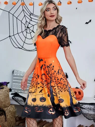 Vista 4 de Vestido de calabaza con mangas de encaje para mujer con cremallera lateral
