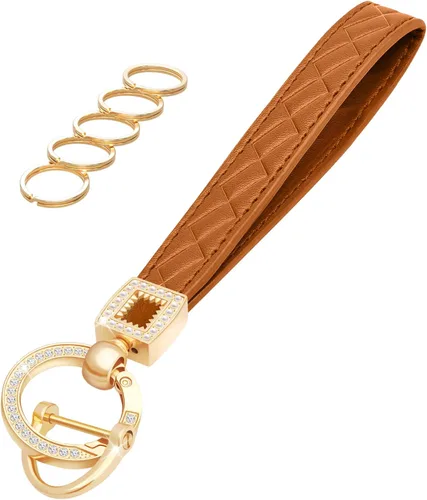 Vista 19 de Llavero de muñeca de cuero OHKYOOT, llavero de muñeca para automóvil con 5 llaveros y anillo anti-pérdida Negro