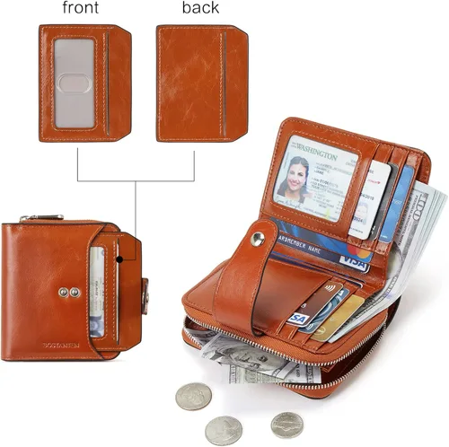 Vista 2 de BOSTANTEN - Billeteras de piel para mujer, con bloqueo RFID, con cremallera y bolsillo, billetera pequeña de dos cuerpos, con tarjetero