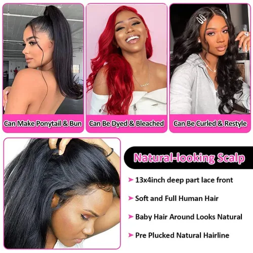 Vista 4 de lalula Pelucas de cabello humano lacio con encaje frontal para mujeres negras, pelucas de encaje frontal de 13 × 4, pelucas de cabello humano virgen