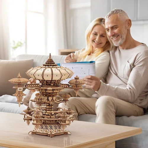 Vista 8 de Rompecabezas de madera 3D para adultos, kit de modelo de caja de música SkyCity, más de 600 piezas, diseño de paisaje urbano, desafiante artesanía