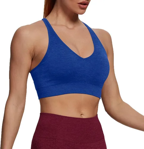 Vista 2 de Aoxjox Sujetador deportivo de entrenamiento para mujer, sin costuras, 3.0 V, con cuello en V, acolchado, para yoga, ombliguera