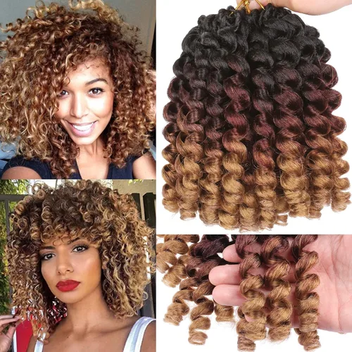 Vista 8 de Leeven Pelo corto de 8 pulgadas de Jamaica Bounce Wand Curl Crochet Hair Senegalese Twist sintético trenzado de pelo Ombre rosa Jumpy Wand Rizado