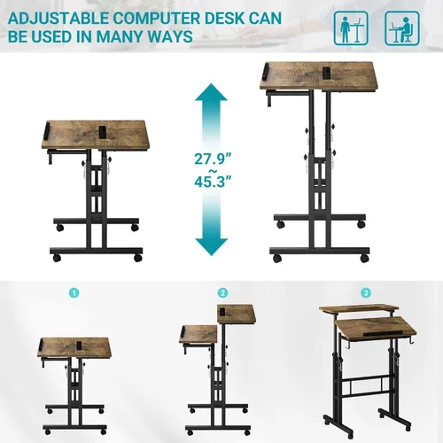 Vista 5 de Klvied Escritorio móvil rodante con soporte para tazas, portátil, altura ajustable, pequeño escritorio de pie con ruedas para oficina en casa, Roble