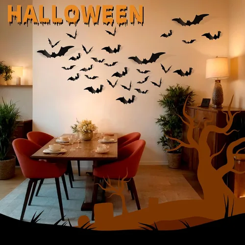 Vista 3 de FANDAMEI 140 piezas de murciélagos para decoración de Halloween, 5 tamaños de murciélagos, decoración de pared de murciélagos 3D para decoración