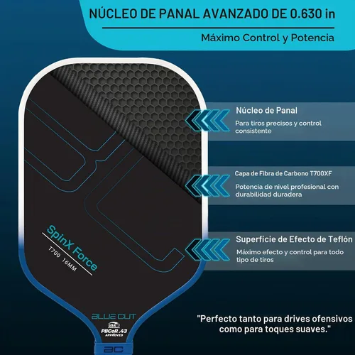 Vista 2 de Blue Cut Pickleball Paddle – USAPA Approved Pickleball Paddles Racket with T700 Carbon Fiber, 16mm Honeycomb Core, Spin Surface, Pro Power Speed &