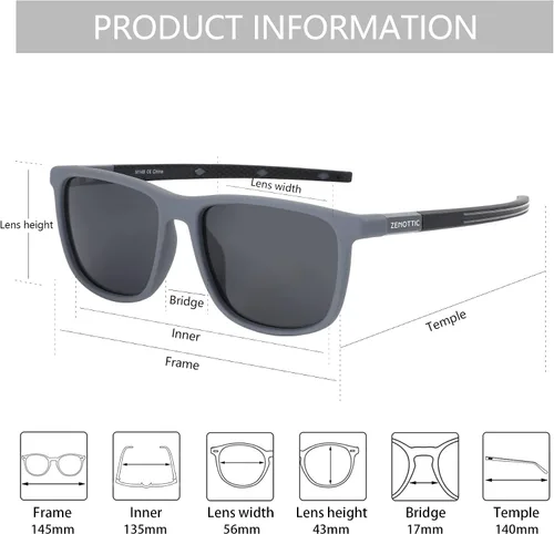 Vista 3 de ZENOTTIC - Lentes de sol polarizados cuadrados para hombre, marco TR90 ligero, 100% bloqueo UV, para conducir, pesca, golf, deportes