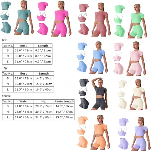 Vista 6 de Conjunto de yoga para mujer, sin costuras, pantalones cortos de ejercicio de cintura alta con brasier deportivo, 3 piezas, conjunto deportivo