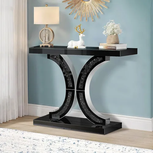Vista 5 de Mesa consola negra con incrustaciones de diamante triturado, mesa de sofá de entrada de vidrio de 39.4 pulgadas de largo, base en forma de C, mesa