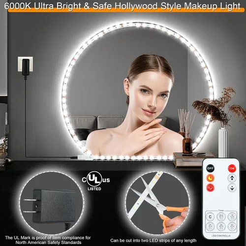 Vista 2 de Luces LED para Espejo de Tocador para Mesa de Maquillaje y Tocador, Kit de Tira de Luz LED Flexible de 13 pies, 6000K Luz Blanca Diurna con Blanco