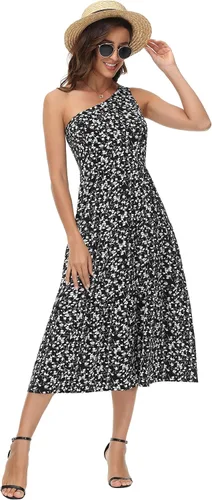 Vista 5 de GRACE KARIN Vestidos de un hombro para mujer, bohemio, vestido floral de verano, vestido de playa con vuelo, vestido midi para fiesta