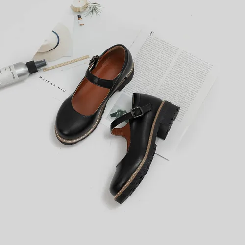 Vista 2 de Zapatos Oxford Mary Janes de cuero para mujer, zapatos planos gruesos y bajos de plataforma de costura retro clásicos con correa de tobillo