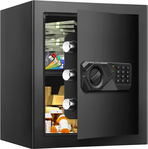 Vista 13 de Cajas fuertes pequeñas para uso doméstico, caja de seguridad digital con cerradura de combinación, llaves de repuesto y estante extraíble, caja