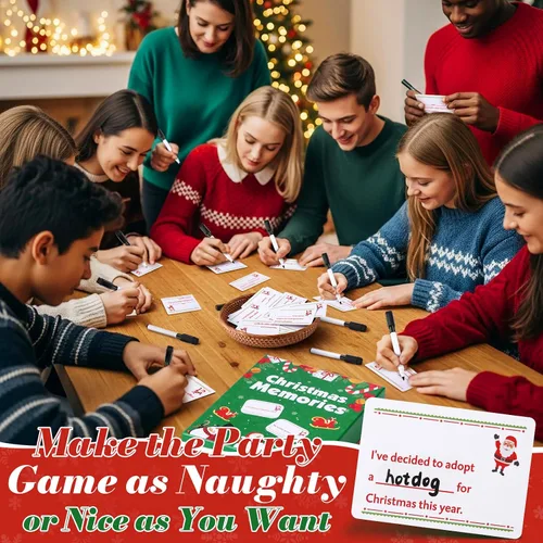 Vista 2 de Juego de cartas de Navidad para noche de juegos familiares, 120 tarjetas con 10 marcadores de borrado en seco, divertidos juegos de mesa para grupos