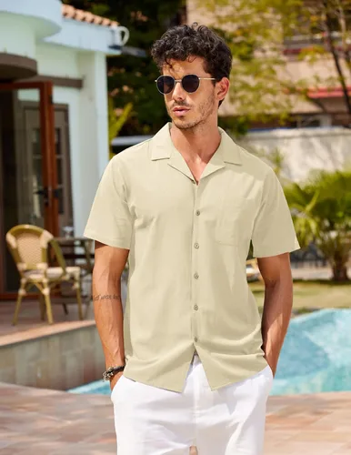 Vista 4 de COOFANDY - Camisas hawaianas de algodón y lino, florales, tropicales, con botones para hombre, A- Caqui claro, S