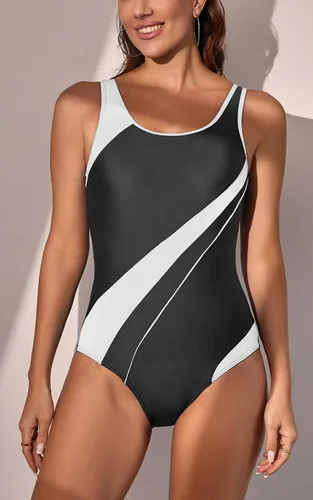 Vista 6 de Eomenie Trajes de baño atléticos de una pieza para mujer, con control de abdomen, elásticos, con bloques de color, adelgazantes