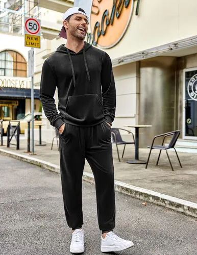 Vista 3 de COOFANDY Conjunto deportivo de 2 piezas para hombre, sudadera de manga larga con capucha, traje deportivo para deportes, casual, fitness, trotar