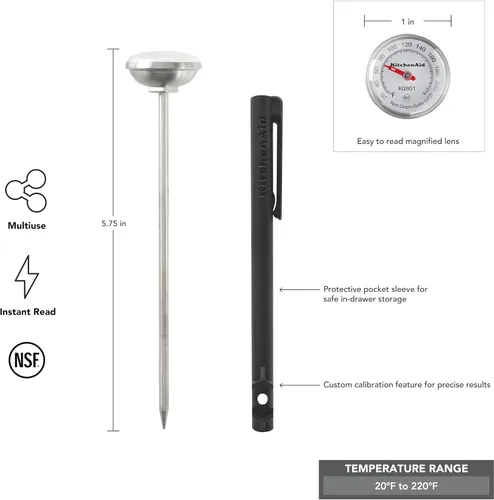 Vista 3 de KitchenAid KQ901 Termómetro de comida de lectura instantánea para cocina o parrilla, rango de temperatura: 20F a 220F, dial de 1 pulgada, negro