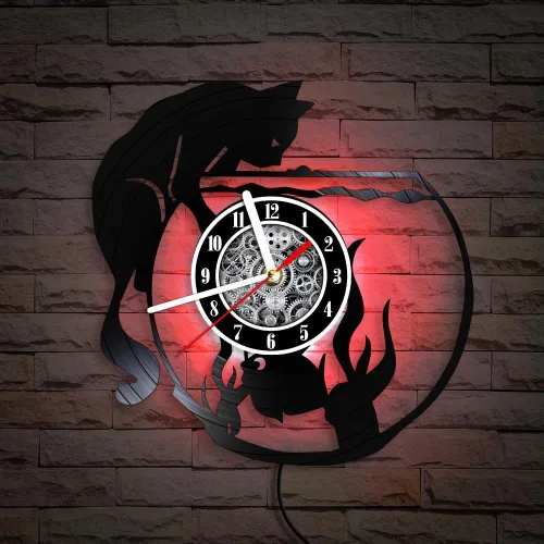 Vista 3 de The Geeky Days Reloj de pared con iluminación LED de gato negro con pecera, lámpara de noche para guardería, habitación de niños, gatito juguetón