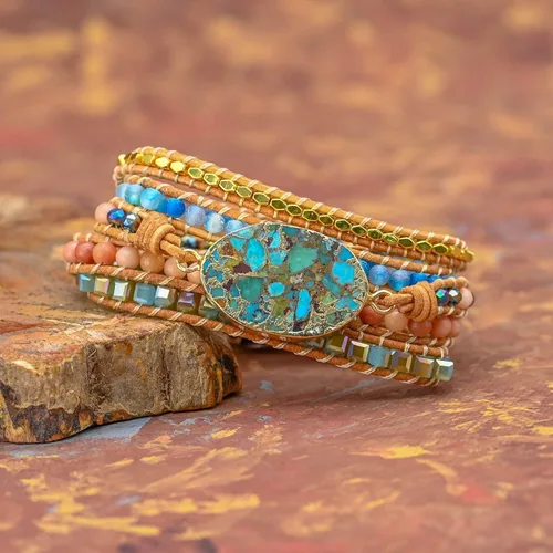 Vista 3 de TEEPOLLO Pulseras bohemias hechas a mano de jaspe, turquesa, amatista, bohemias, para mujeres, curativas, cuentas de piedra natural, colección