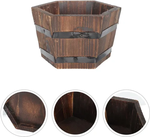 Vista 4 de Cabilock Macetero de barril de whisky de madera, macetas de barril, macetas para decoración interior del hogar, plantas pequeñas