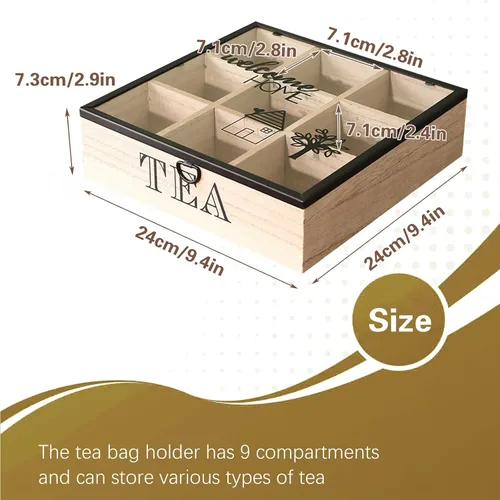 Vista 3 de Organizador de caja de té de madera con 9 compartimentos y ventana superior de acrílico transparente, caja de almacenamiento multifuncional, soporte