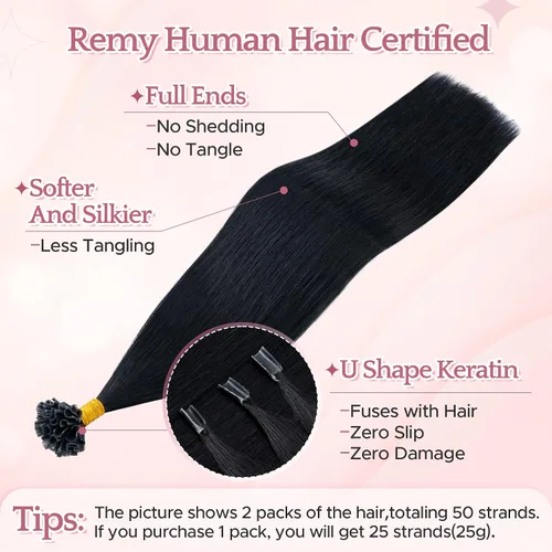 Vista 2 de SEGO Extensiones de cabello humano real con punta K, extensiones de cabello humano real, con punta en U, sin costuras, previamente adheridas