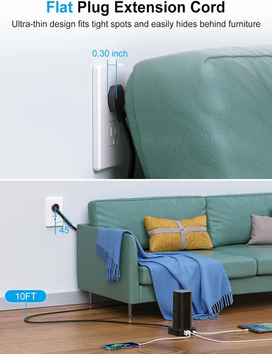 Vista 3 de Regleta de alimentación con cargador inalámbrico, protector de sobretensiones de enchufe plano con cable de extensión de 6 pies, 12 tomas