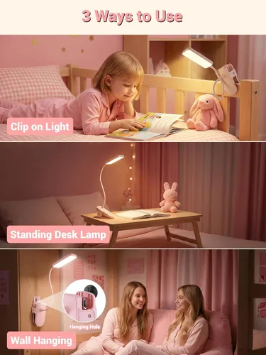 Vista 7 de Lámpara de escritorio rosa linda luz de lectura, 45 modos de luz regulable con clip con batería de 4000 mAh, lámpara de escritorio recargable de 450