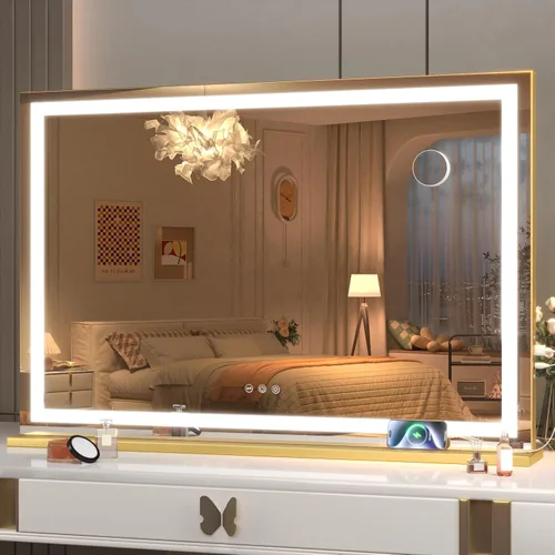 Vista 16 de Hasipu Espejo de tocador con luces, espejo LED de maquillaje de 31.5 x 22 pulgadas, espejo de maquillaje iluminado con 3 modos regulables, espejo