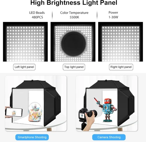 Vista 6 de Caja de Luz Portátil Glendan para Fotografía: Caja de Foto Profesional Ajustable de 16"x16" con Luces LED CRI 480 de Alta Calidad - Caja de Luz