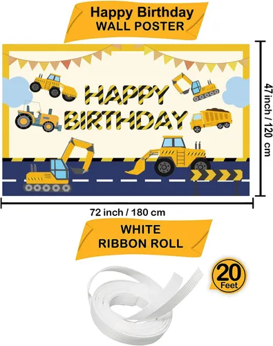 Vista 2 de Decoración de feliz cumpleaños con temática de construcción, excavadora, camión, camión volquete, grúa, telón de fondo de fotografía para niños