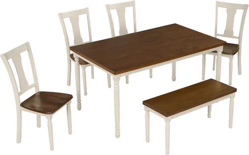 Vista 3 de LUMISOL Juego de mesa de comedor de 6 piezas con banco, juego de mesa de cocina rectangular de granja para comedor, mesa de comedor y juego de 4