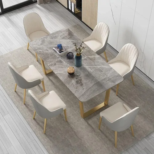 Vista 4 de LITFAD Juego de mesa nórdica de comedor con base de metal, mesa de comedor rectangular formal, juego de comedor moderno con 4 sillas de comedor