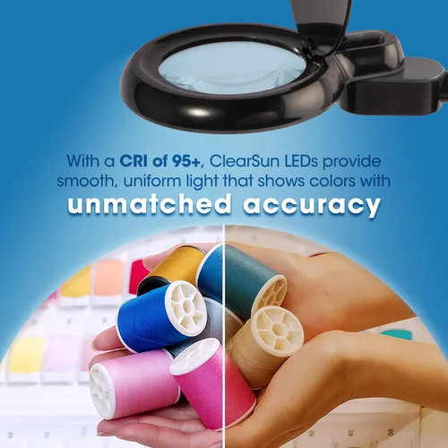 Vista 6 de OttLite Lámpara de escritorio LED con lupa que ahorra espacio, aumento de grado óptico, brazo ajustable, cabezal giratorio, portátil para viajar
