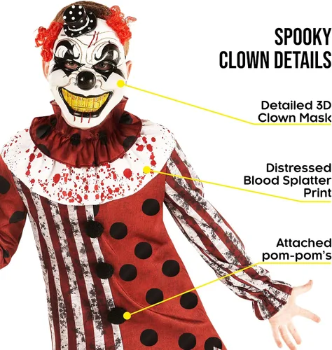 Vista 3 de Morph Disfraz de payaso aterrador para niños, disfraz de payaso asesino espeluznante para Halloween, disfraz divertido para niños y niñas