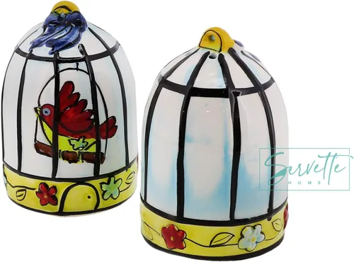 Vista 3 de Salero y pimentero de cerámica con diseño de pájaros para coleccionistas, decoración de cocina - Jaula de pájaros Tortolitos rosados