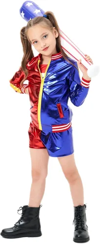 Vista 3 de Disfraces de Halloween para niñas, disfraces de Joker con chaqueta, pantalones cortos, camiseta, fácil de usar para disfraces de cosplay de niños