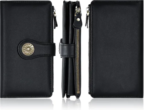 Vista 6 de Travelambo Cartera de mujer con bloqueo RFID triple embrague de gran capacidad para tarjetas de crédito, monedero de viaje