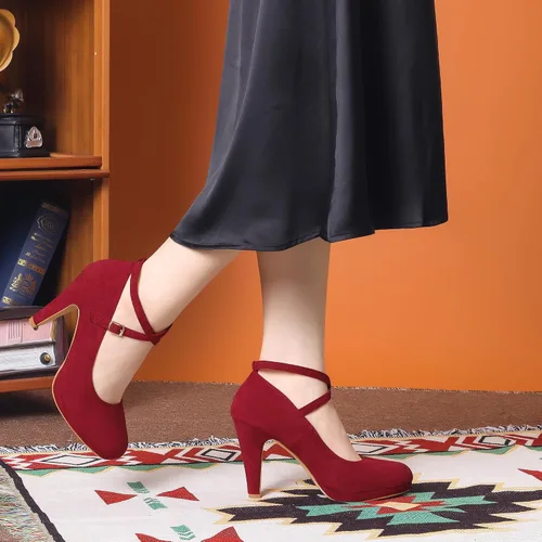 Vista 3 de Allegra K Zapatos Mary Jane de tacón de aguja con correa cruzada para mujer