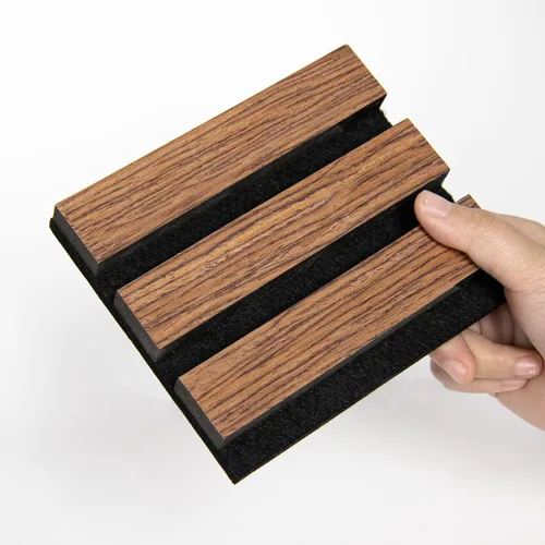 Vista 21 de SMARTSTANDARD Paneles de pared acústicos de muestra en madera, panel de pared insonorizado, panelado de listones de madera estriado en 3D para Roble