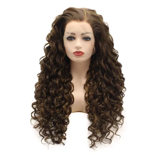 Vista 3 de Pelucas sintéticas con encaje frontal de 26 pulgadas con cabello rizado y rubio miel, mezcla de alta densidad