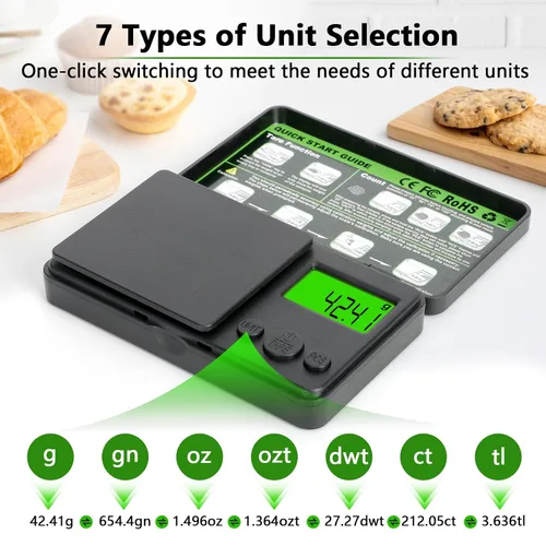 Vista 2 de Básculas digitales de bolsillo de 0.01/35.27 oz, básculas portátiles de precisión de gramos con 7 unidades y función de tara, básculas de cocina