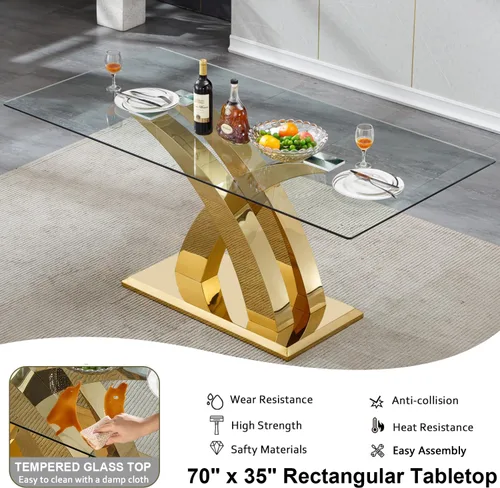 Vista 3 de Juego de mesa de comedor de vidrio de 70 pulgadas para 4, mesa rectangular de cristal dorado con 4 sillas de piel sintética, juego de mesa de Mesa