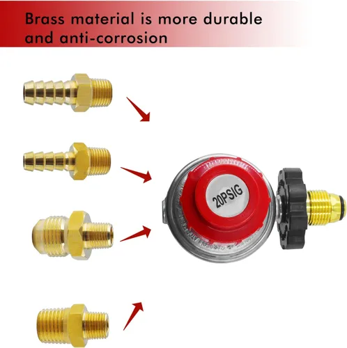 Vista 5 de Válvula Reguladora de Propano Ajustable 0 a 20 PSI Kit de Conversión de Manguera LP. Adaptador POL macho de entrada con salida de 1/8" NPT macho a