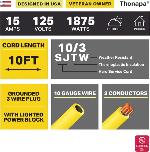 Vista 2 de Thonapa - Cable de extensión de calibre 10, 10 pies para exteriores, resistente 10/3, 3 clavijas SJTW Yellow Cable, Lighted End, Grounded Plug, 3